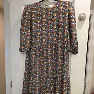 Midi 3/4 length sleeve green floral tiered dress